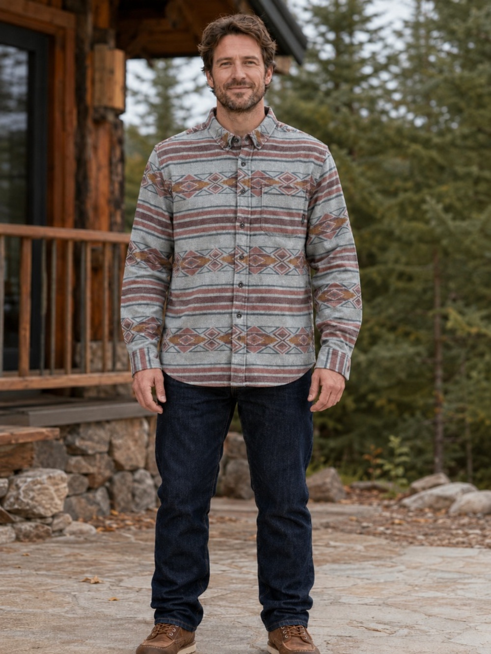 Eddie Bauer Flannel Shirt Mens L Gray Southwest Aztec Geometric Cotton Stretch